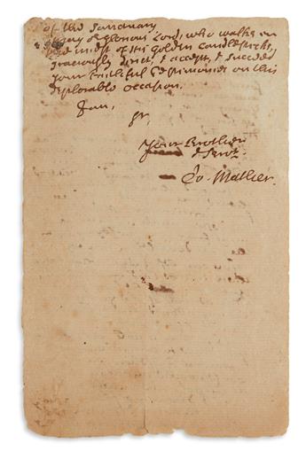 MAY OUR GLORIOUS LORD . . . GRACIOUSLY DIRECT . . . YOUR FAITHFUL COTTON MATHER. Autograph Letter Signed, ...